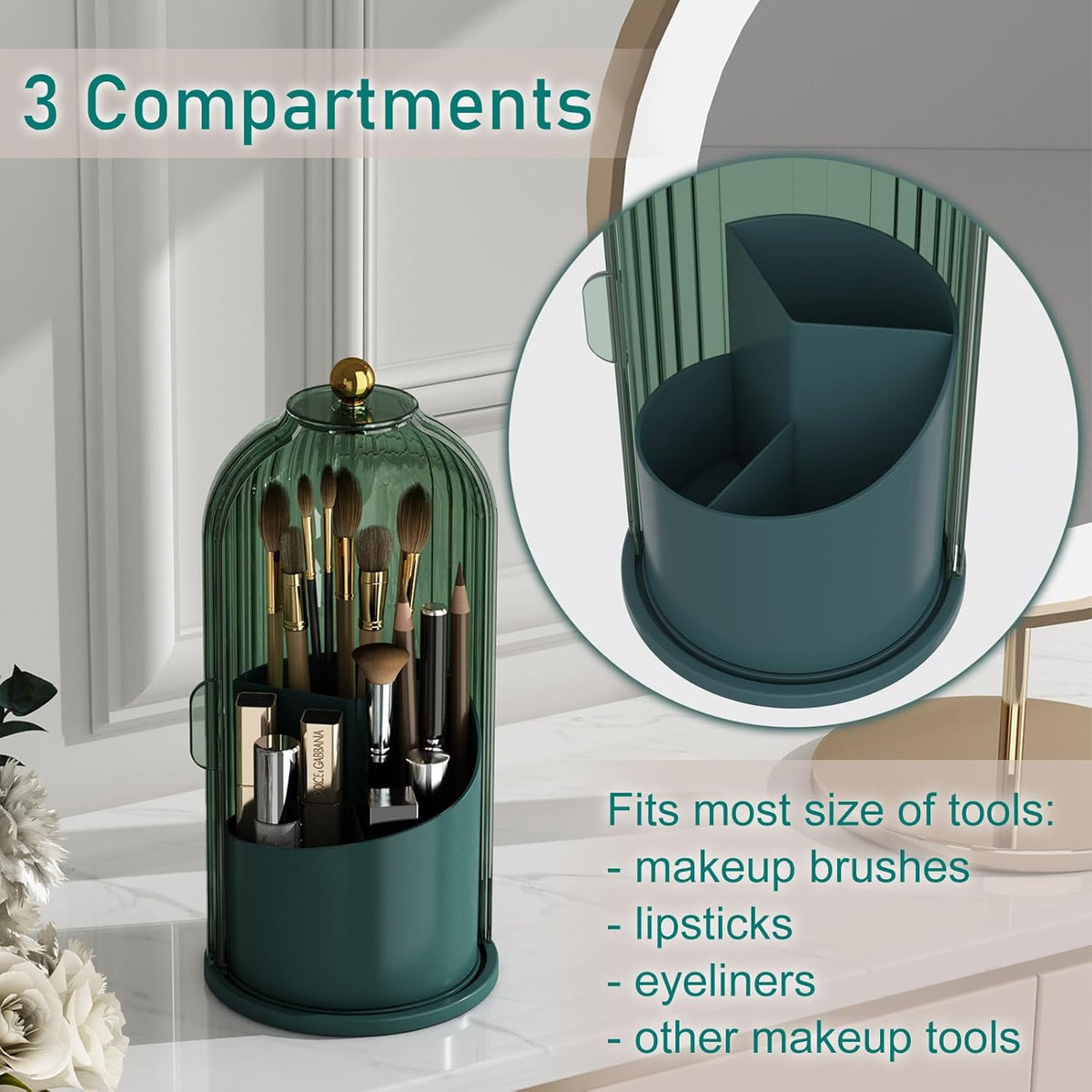 Rotating Makeup Brush Organizer with Lid - Green, 360° Waterproof Dustproof