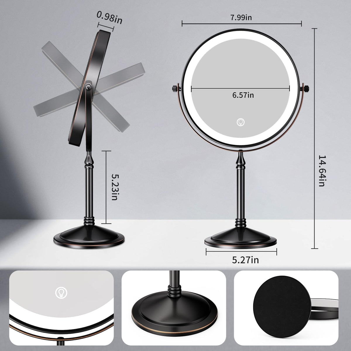Rechargeable LED Makeup Mirror with Lights and 10X Magnification - Vanity Desk Lighted Mirror
