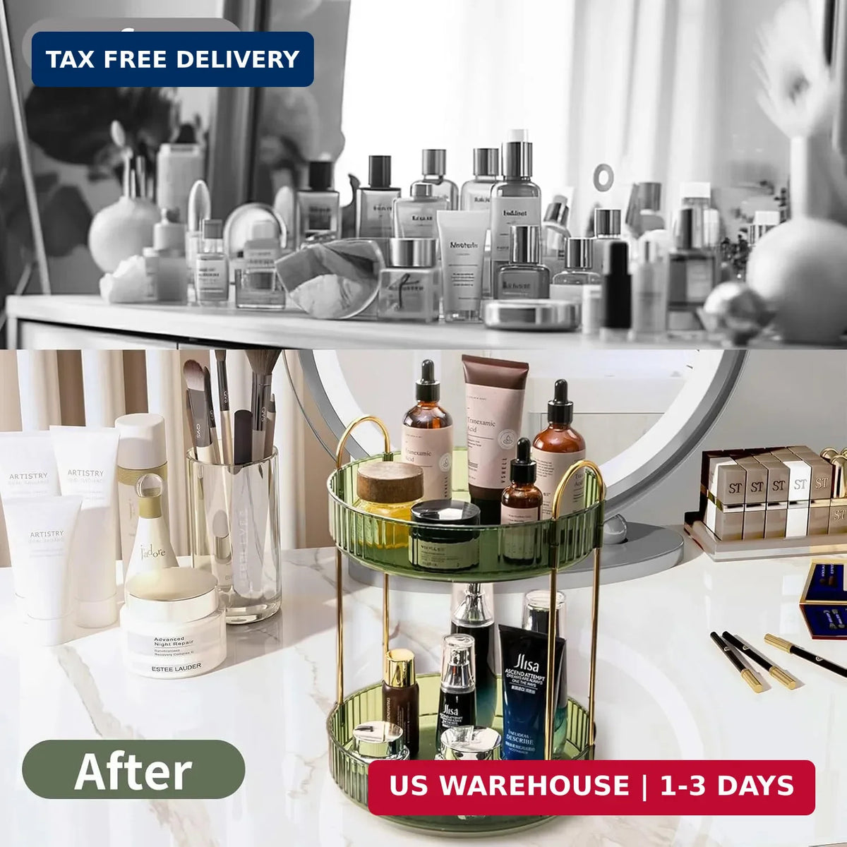 360 Rotating Makeup Organizer for Vanity and Skincare, 2-Tier Large Capacity Storage