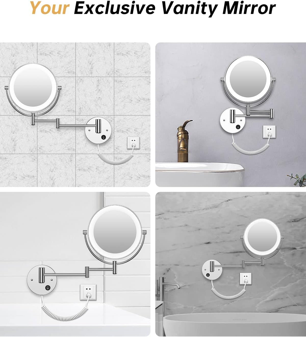 8.5-Inch Wall Mounted Lighted Magnifying Mirror 1X/10X Double-Sided