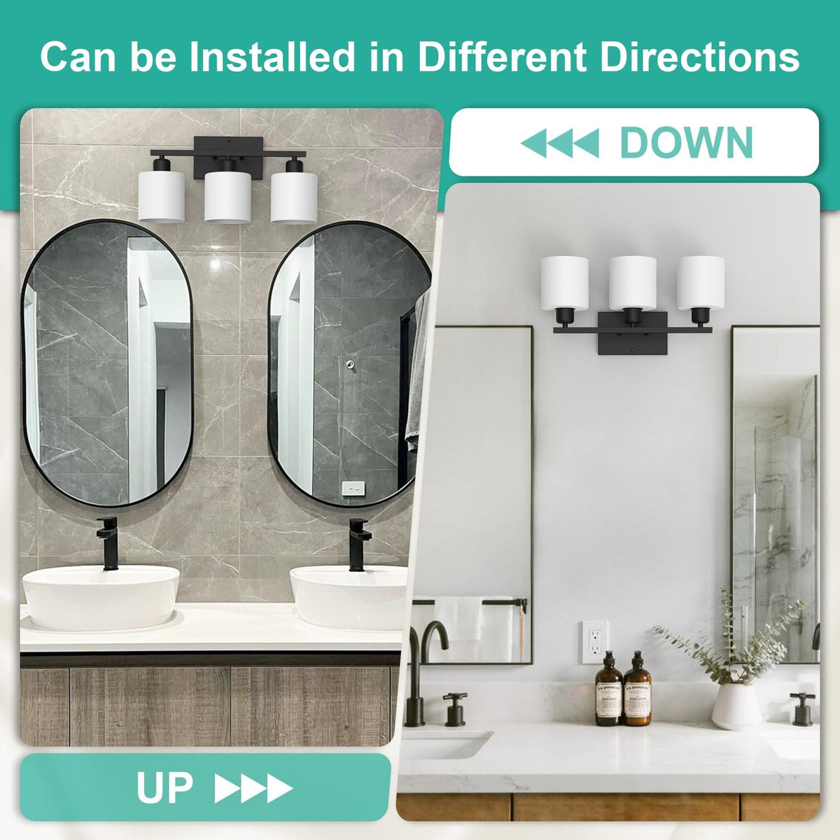 Black Bathroom Wall Light Fixtures with Milky White Glass Shades - Modern Vanity Sconce, Rustproof 3-Light
