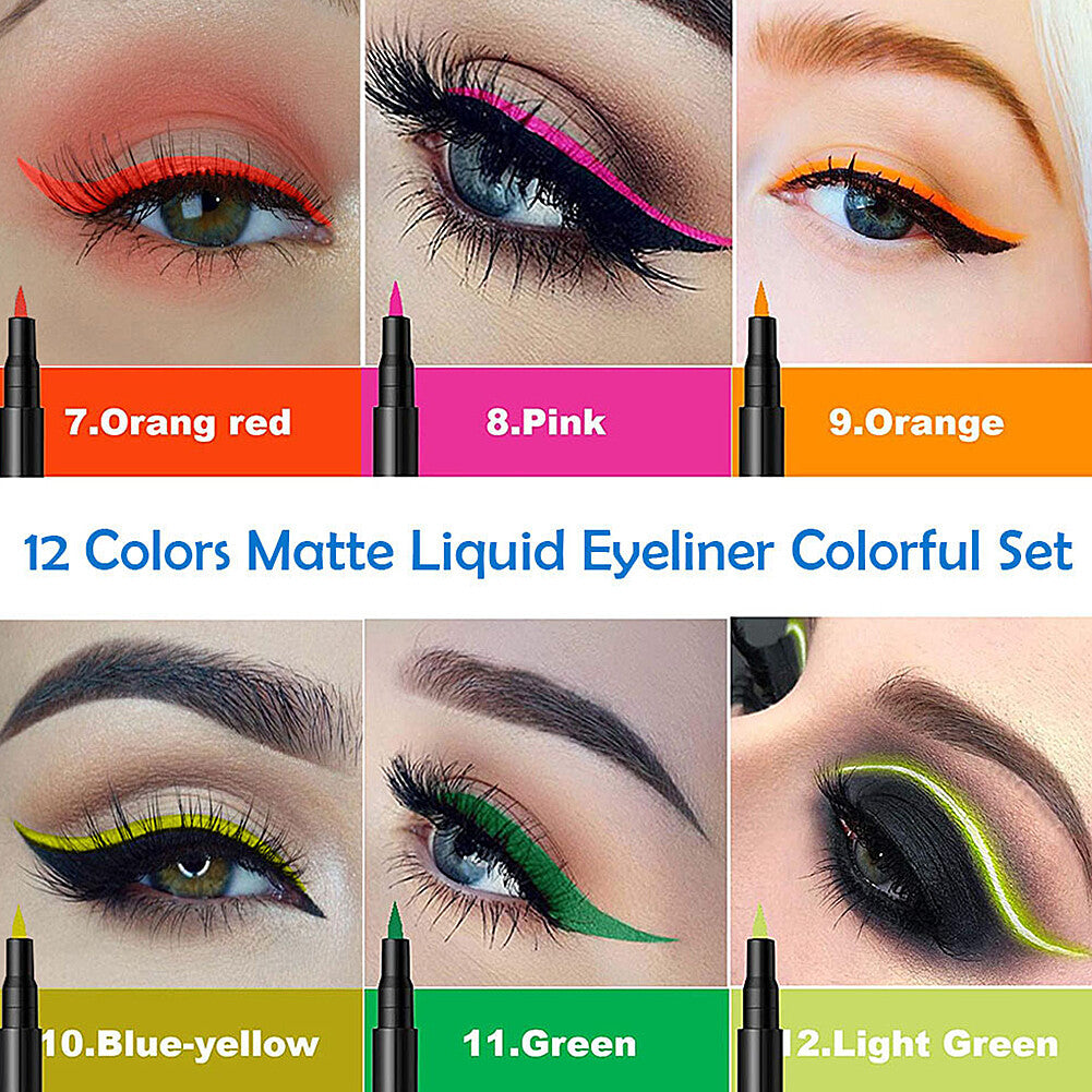 12 Colors Liquid Eyeliner Pen Set Waterproof Smudge-Proof Matte Makeup