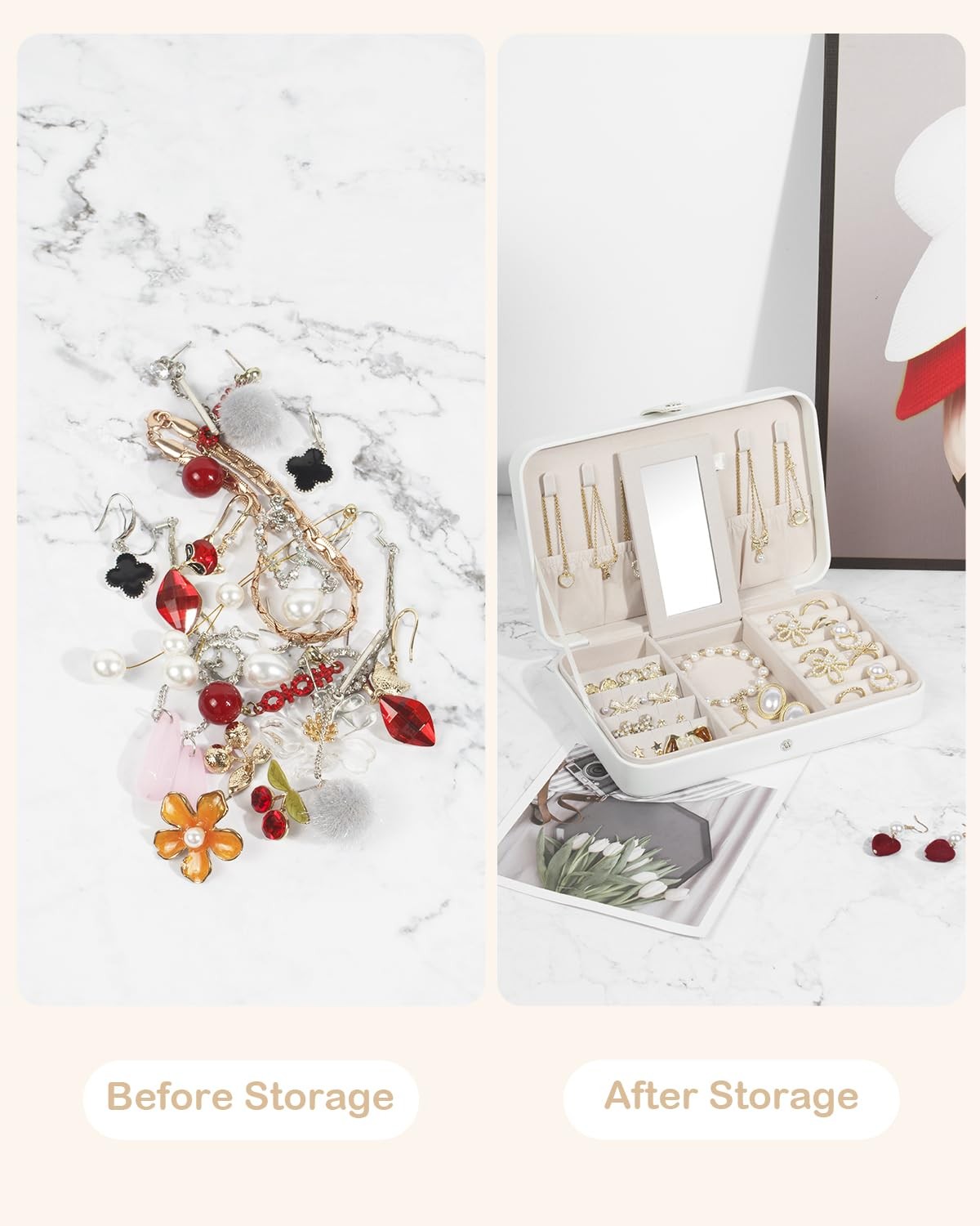 Travel Jewelry Case - Portable Organizer with 1 Layer in White