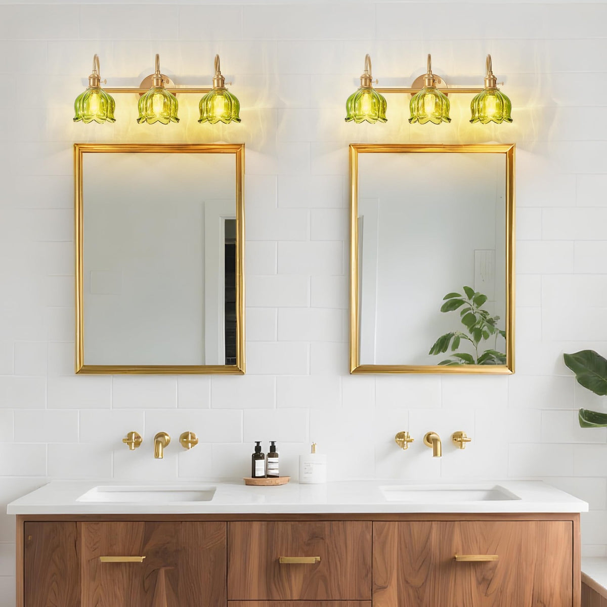 3-Light Brushed Gold Bathroom Vanity Light with Green Tulip Glass Shades