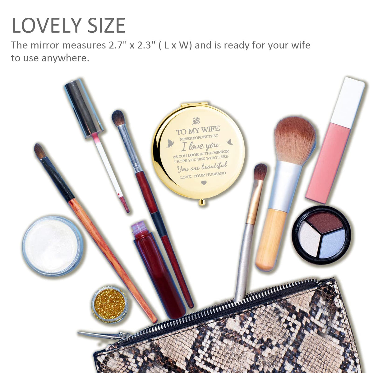 Personalized Compact Makeup Mirror for Wife - Engraved Double-Sided Travel Mirror