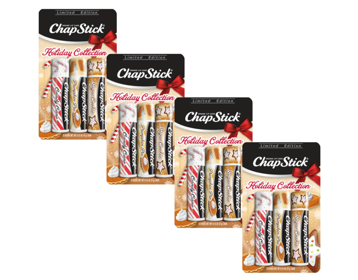 Holiday Lip Balm Set - Pack of 4, Includes Candy Cane, Sugar Cookie & Pumpkin Pie Flavors