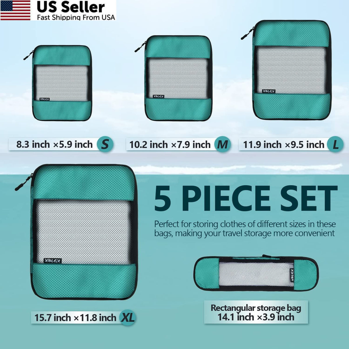 Travel Compression Packing Cubes Set of 5 - Space Saving Luggage Organizers, Green