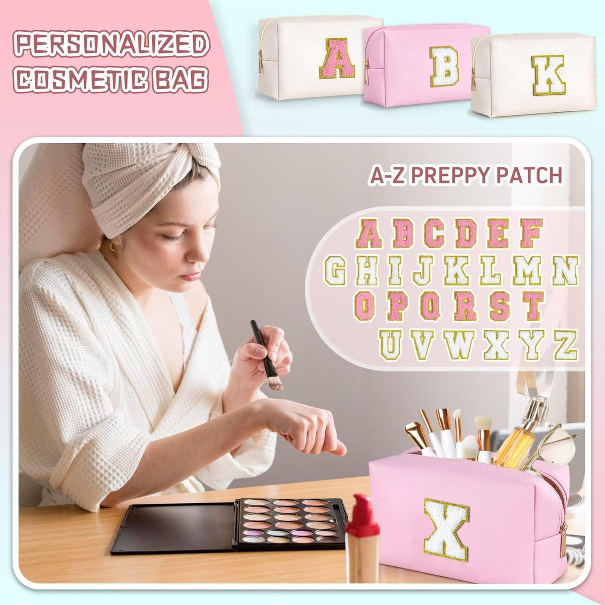 Personalized Makeup Bag for Women Girls - Pink Initial Gift