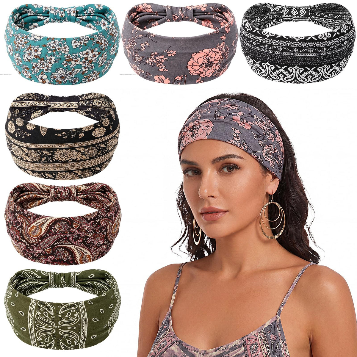 6Pack Boho Wide Headbands for Women, 9.2 inches x 4.7", Bohemian Print