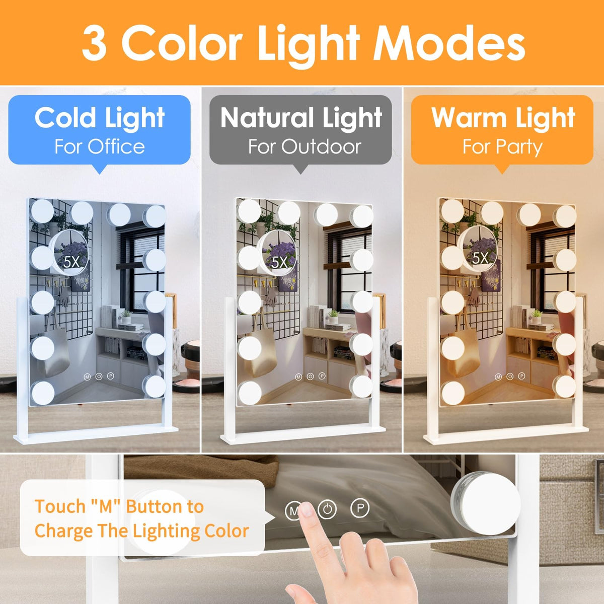 Vanity Makeup Mirror with Lights 12 Dimmable Bulbs 5X Magnification 360° Rotation