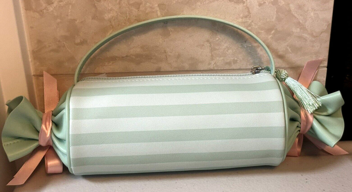 Bath & Body Works Candy Striped Cosmetic Bag with Green and Pink Bows - Sweetest Song Collection
