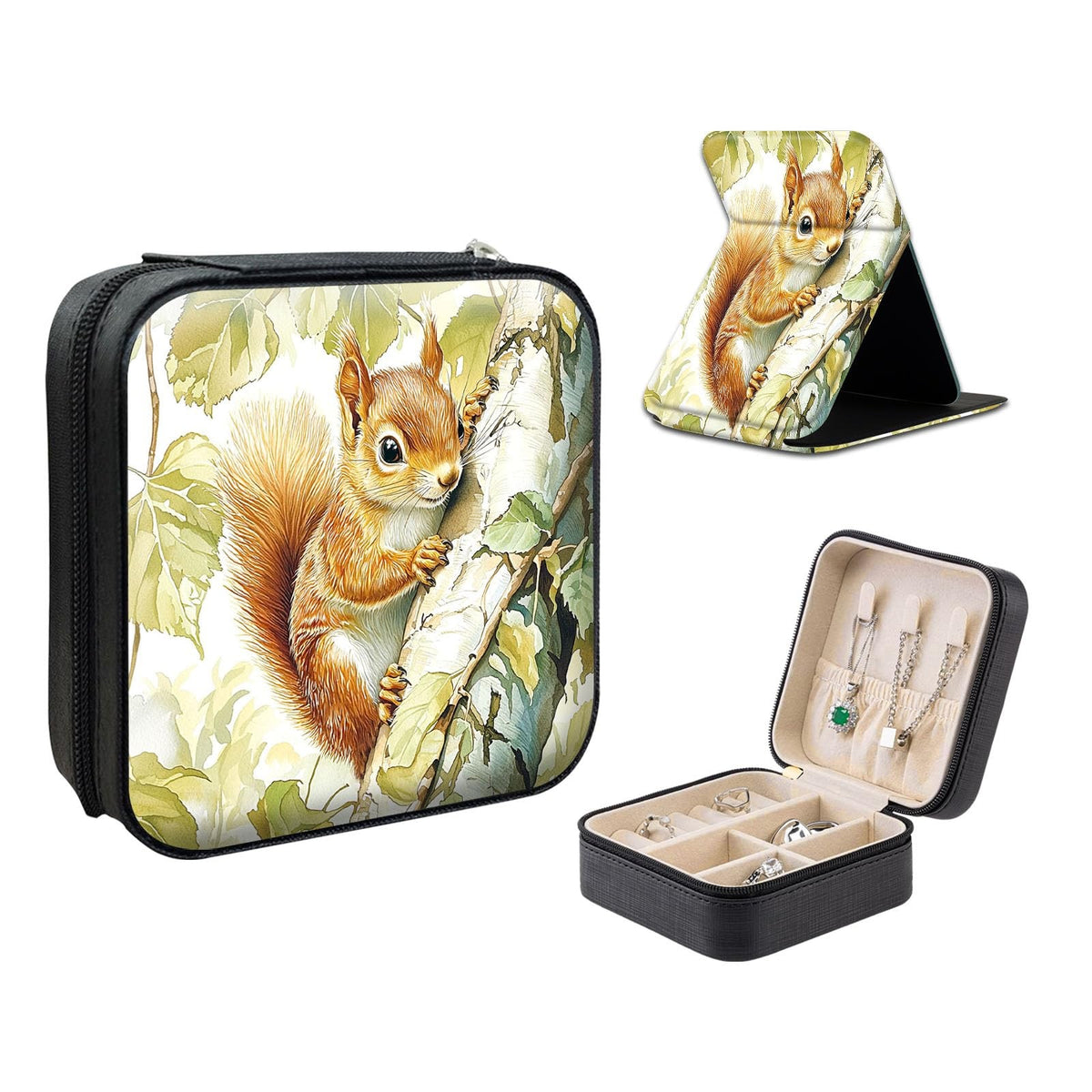 Travel Jewelry Case with Compact Mirror for Women, Squirrel Design