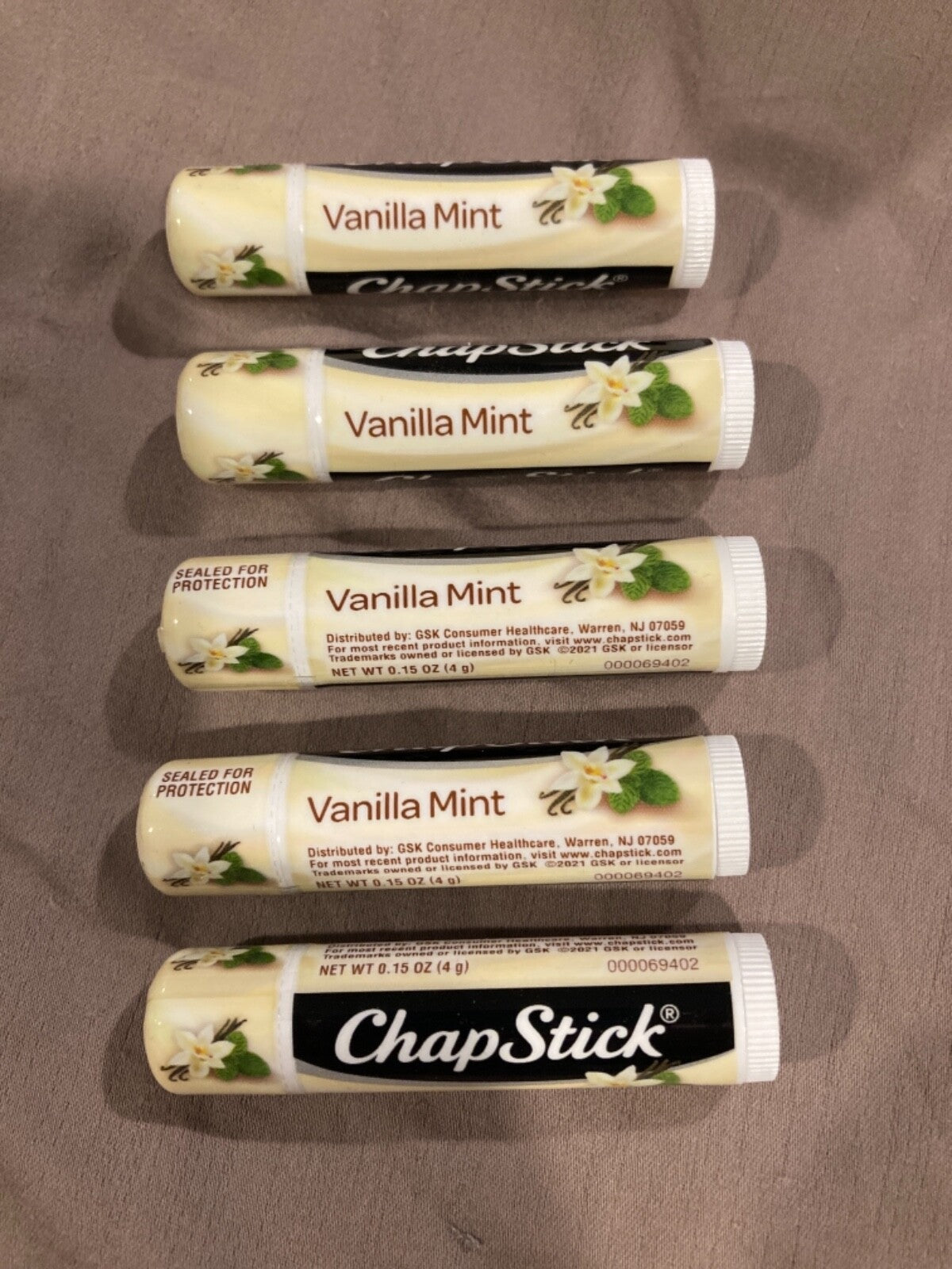 Sealed 5 Pack Vanilla Mint Lip Balm Tubes - 0.15 Oz Moisturizing