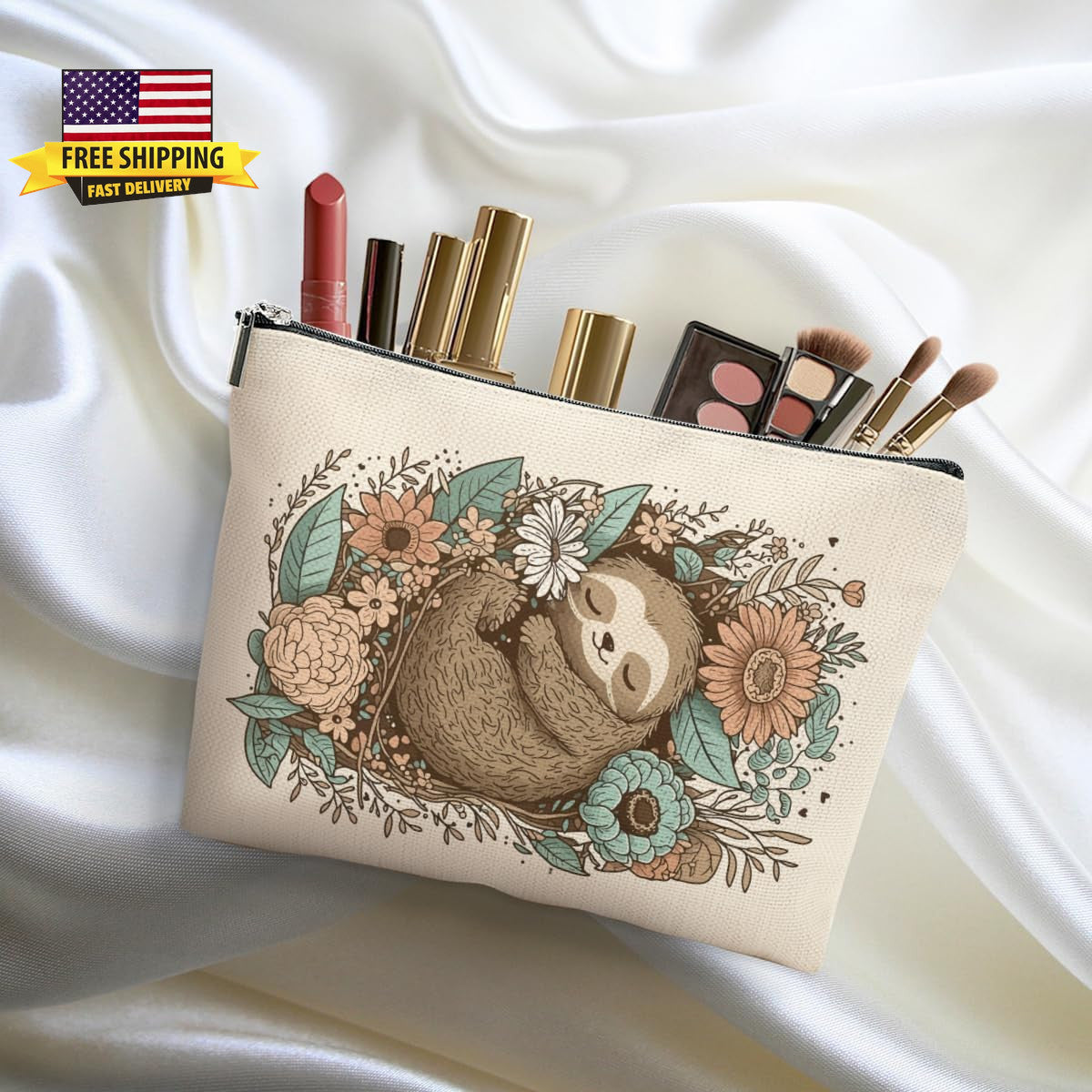 Cute Sloth Makeup Bag for Women and Girls Travel Cosmetic Organizer