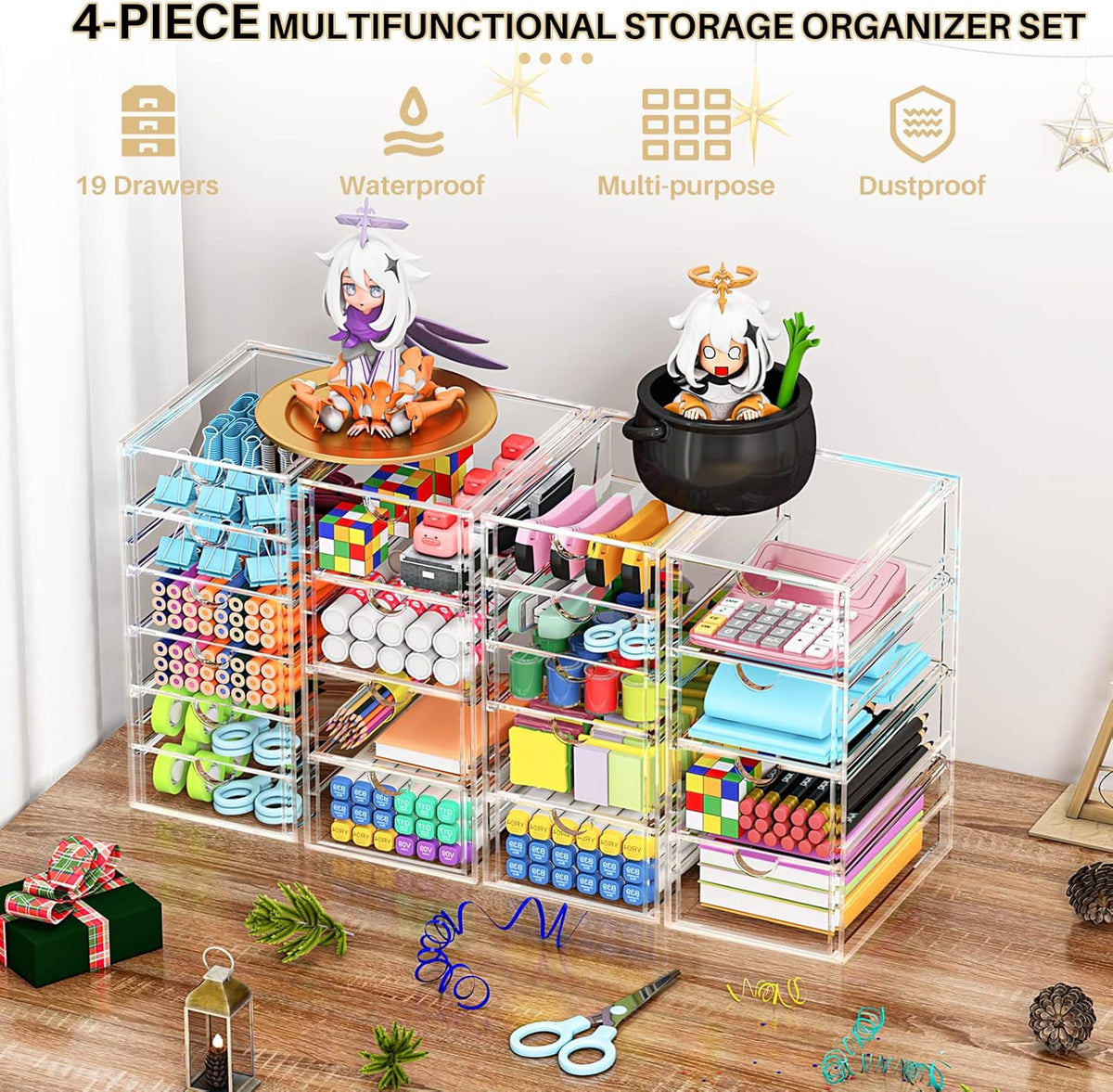 4 Pack Acrylic Makeup Organizer with 19 Drawers - Clear Vanity Storage
