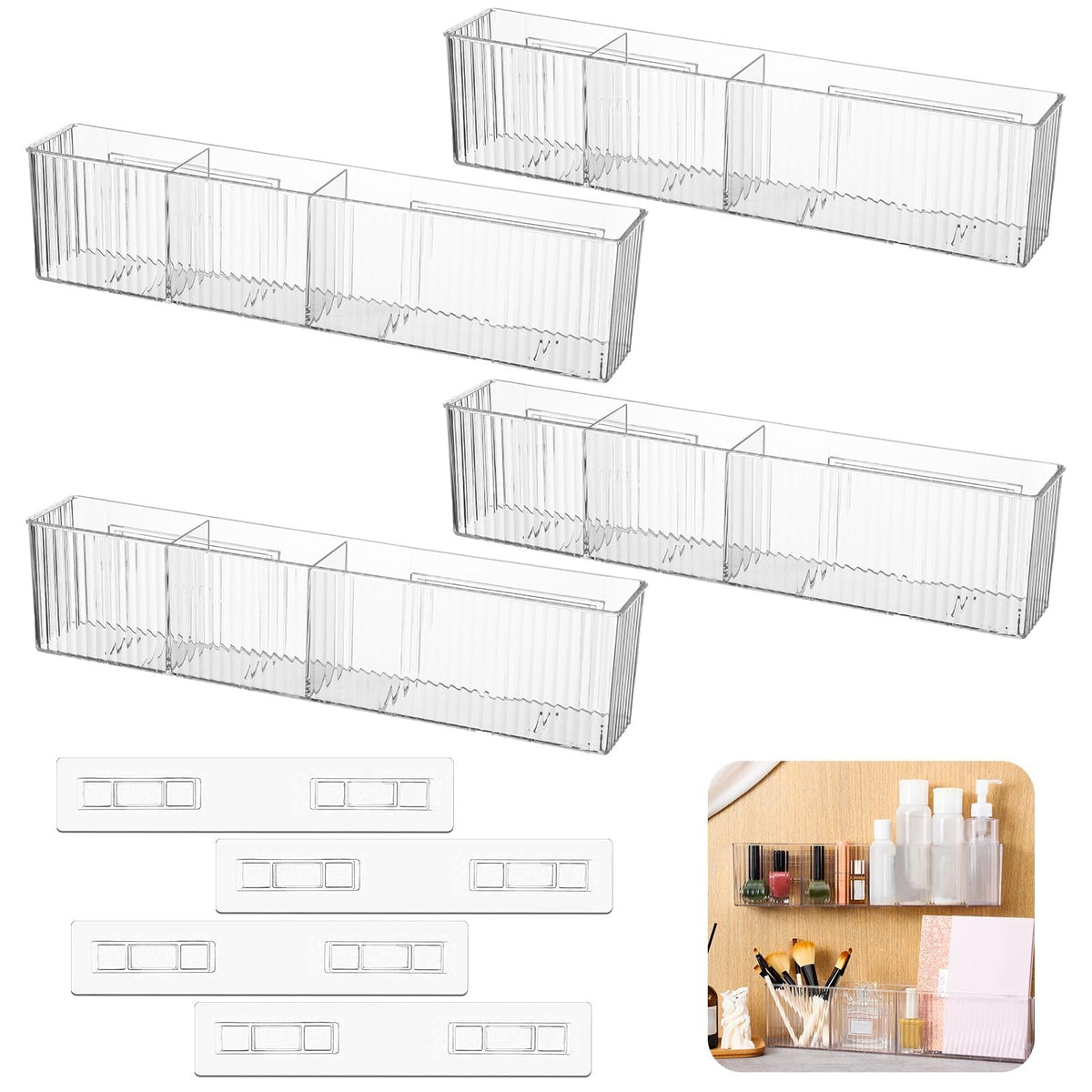 4 Pack Wall-Mounted Makeup Organizer Shelves with 3 Compartments - Clear Plastic Bathroom Storage