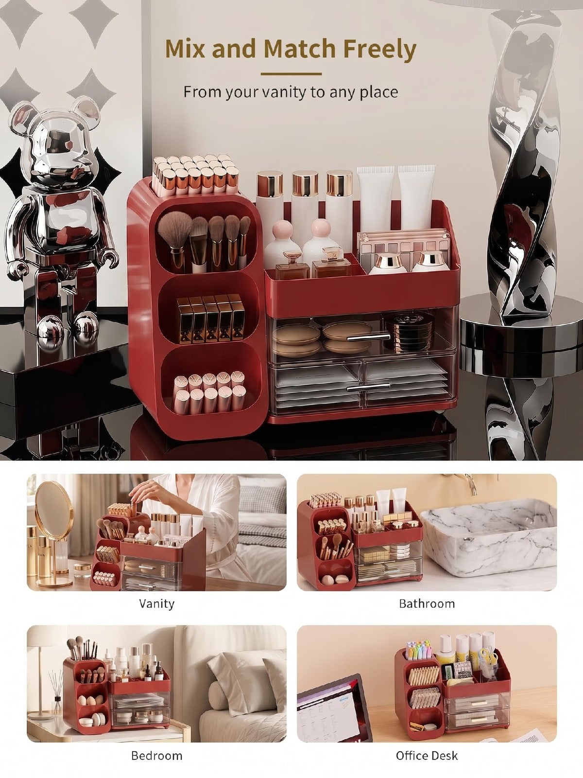 Red Makeup Organizer with Drawers, Large Capacity Vanity Storage Case