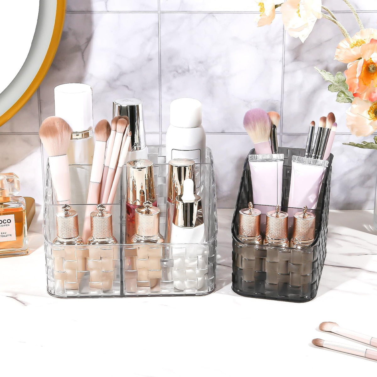 Makeup Brush Organizer Holder 3 Slots Acrylic Vanity Storage Cup Grey