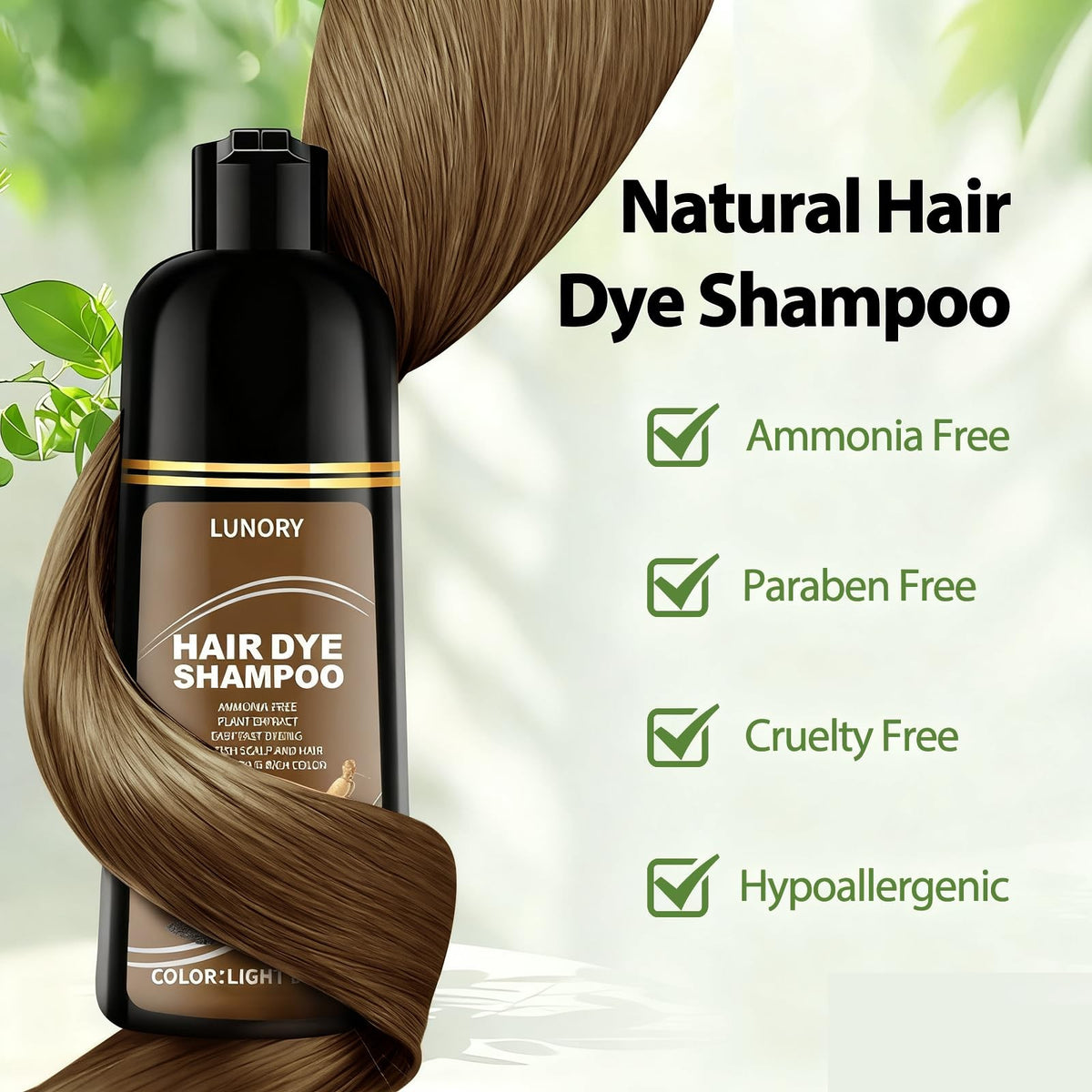 Light Brown Hair Dye Shampoo - Full Gray Coverage & Nourishing Botanicals
