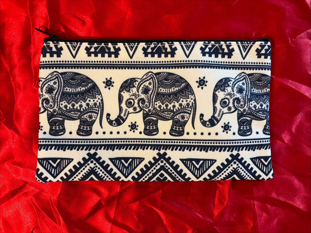 Elephant Cosmetic Bag Makeup Purse Clutch Organizer Blue Ivory Boho