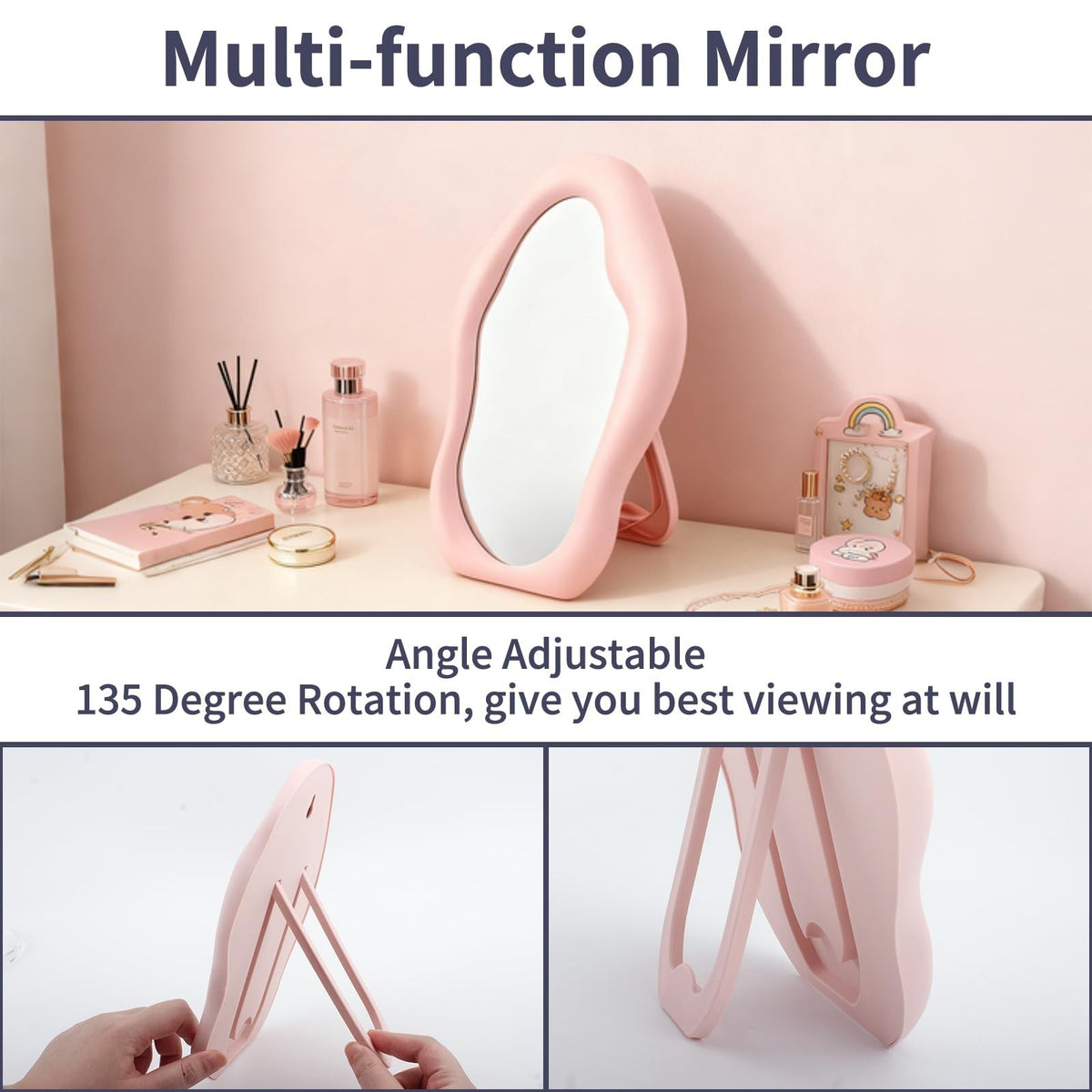 Cloud-Shaped Portable Makeup Mirror - Pink, Folding Travel Vanity