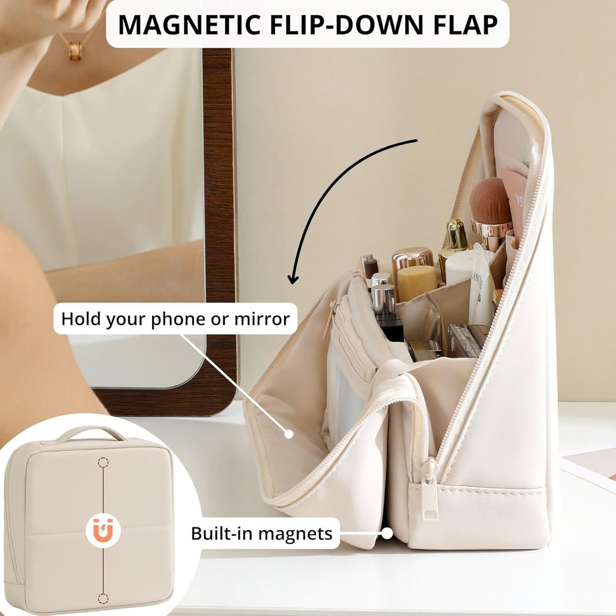 Travel Makeup Bag with Magnetic Fold-Down Flap Waterproof Leather Organizer for Women