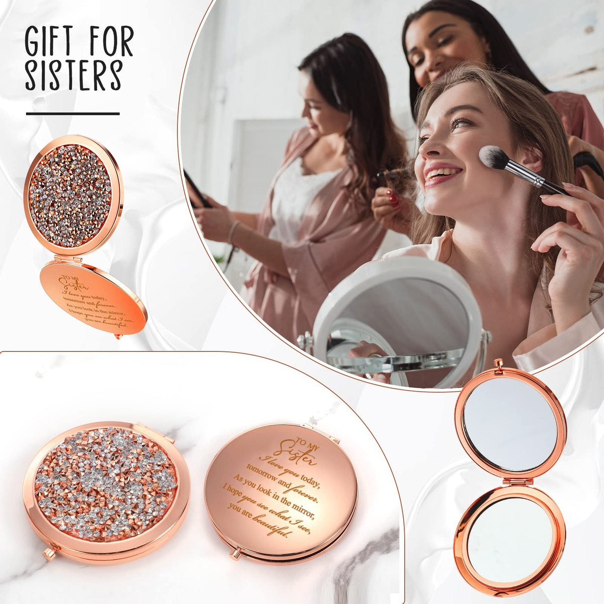 Set of 4 Rose Gold Compact Mirrors for Sister Gifts - Travel & Makeup