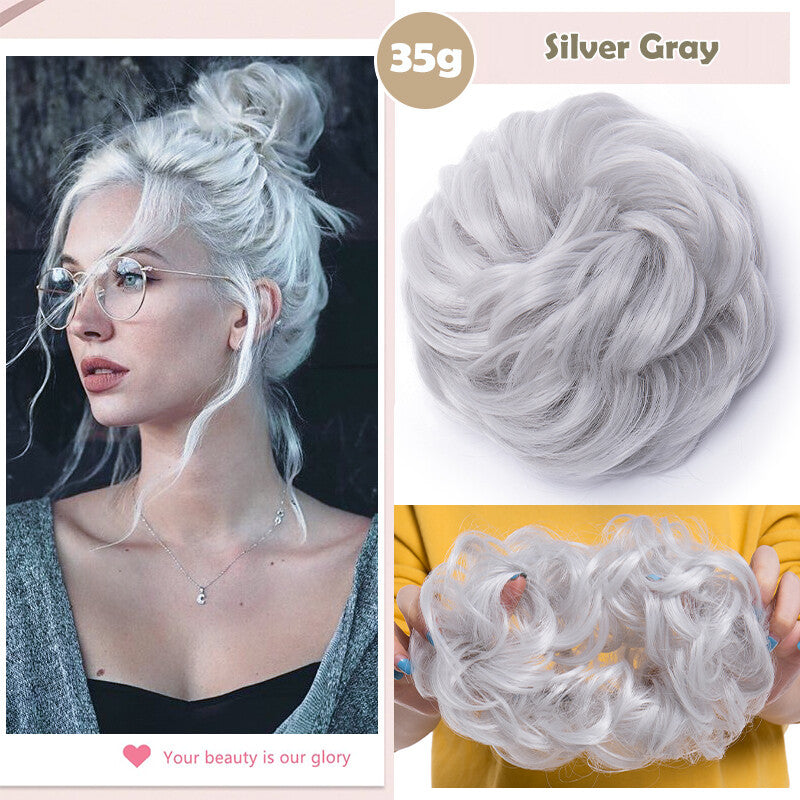 Natural Human Hair Messy Bun Ponytail Extensions with Curly Scrunchie Updo