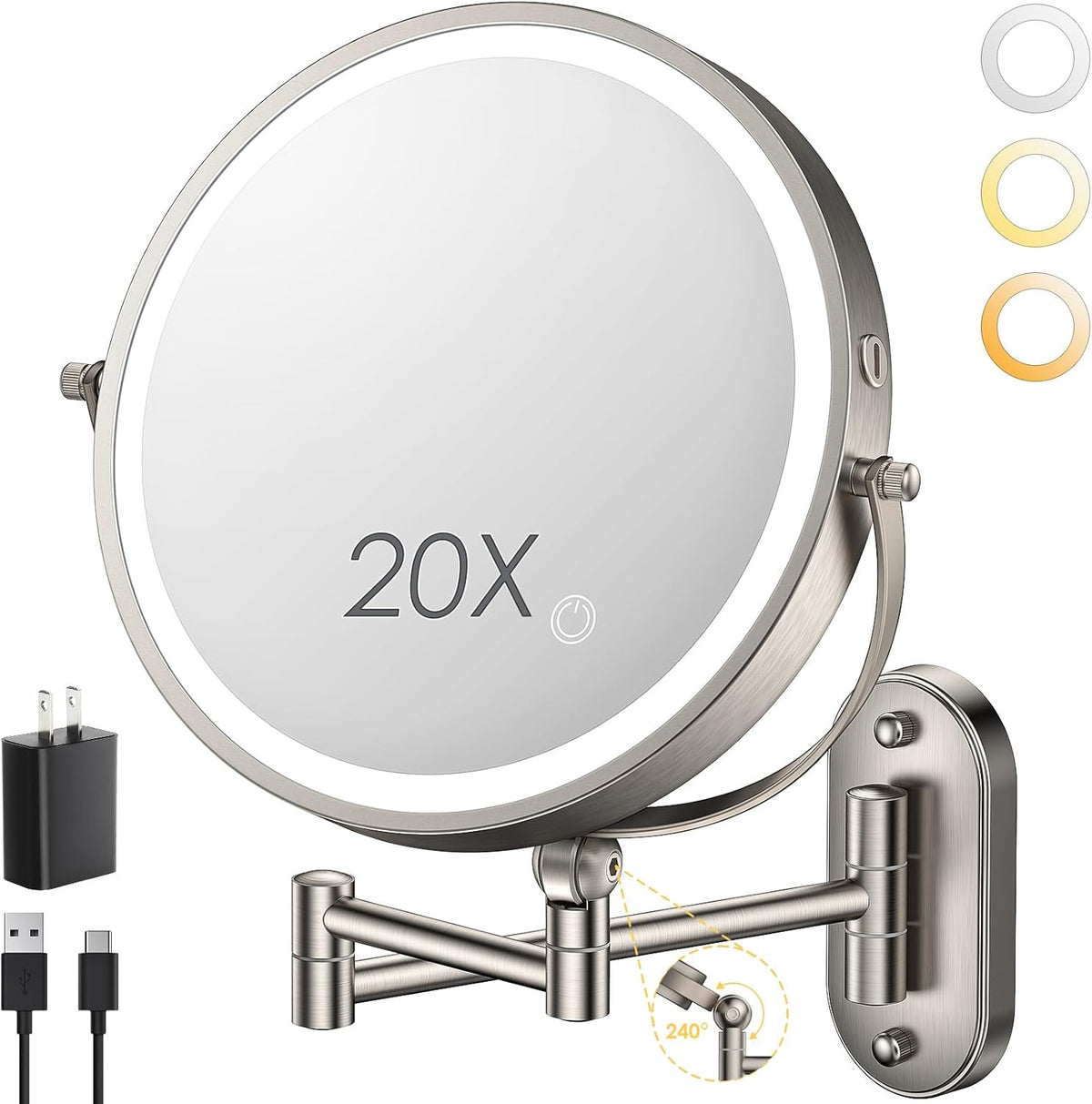 Wall Mounted Lighted Makeup Mirror 4000mAh Rechargeable 1X/20X Magnification