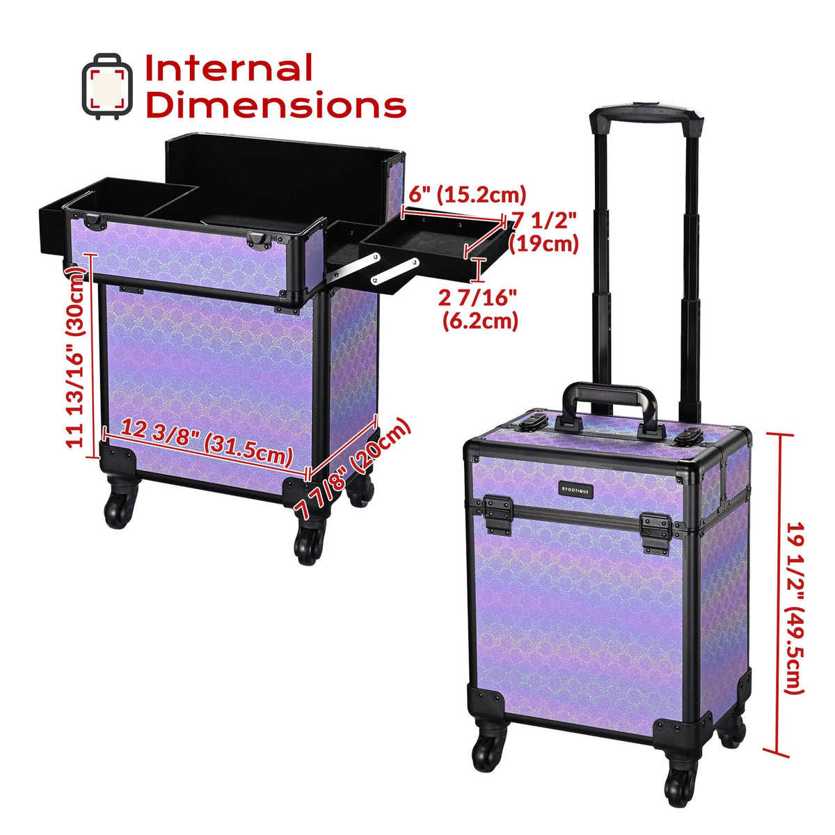 Rolling Makeup Train Case with Extendable Trays - Purple Charm Design