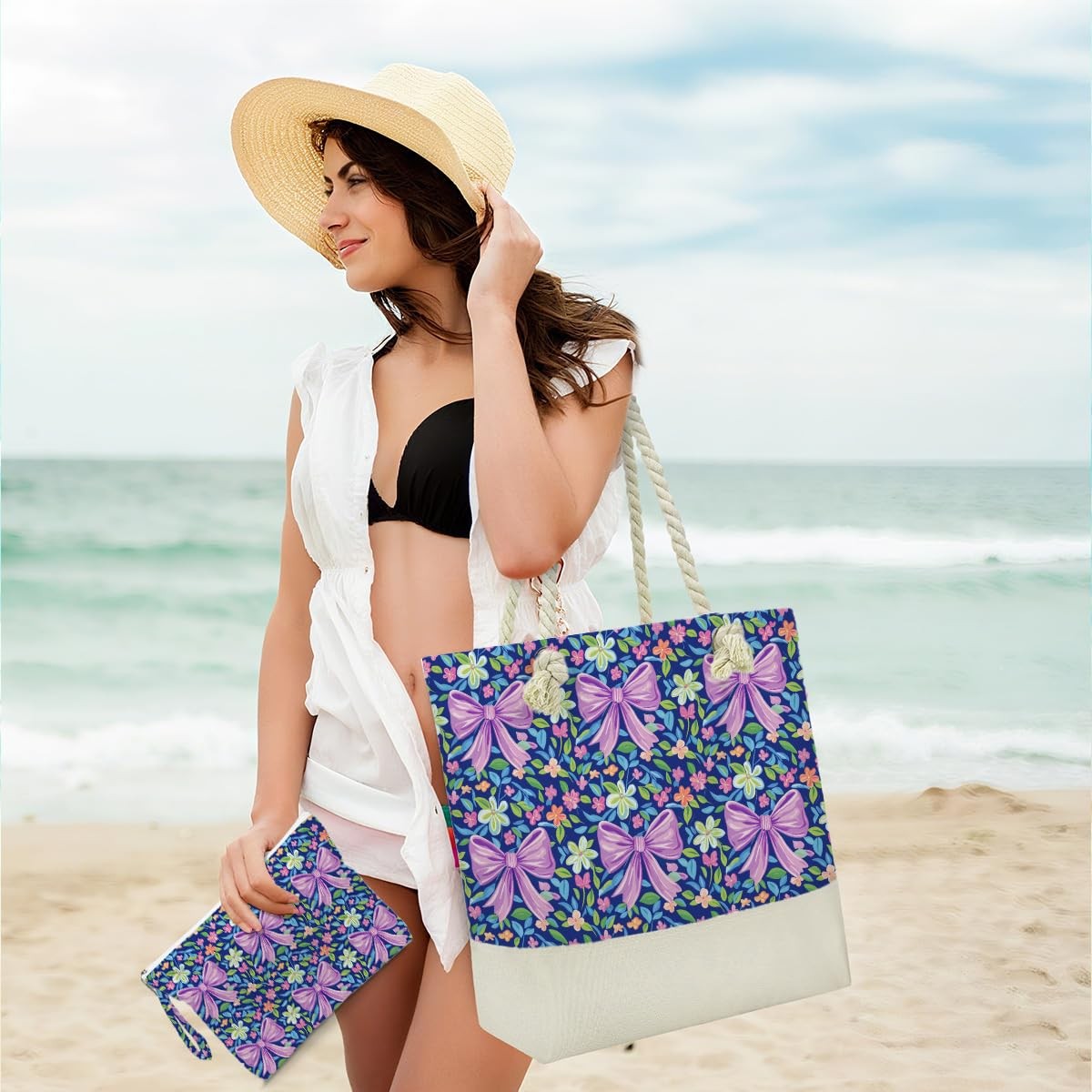 Waterproof Beach Tote Bag and Wet Cosmetic Bag Set for Women