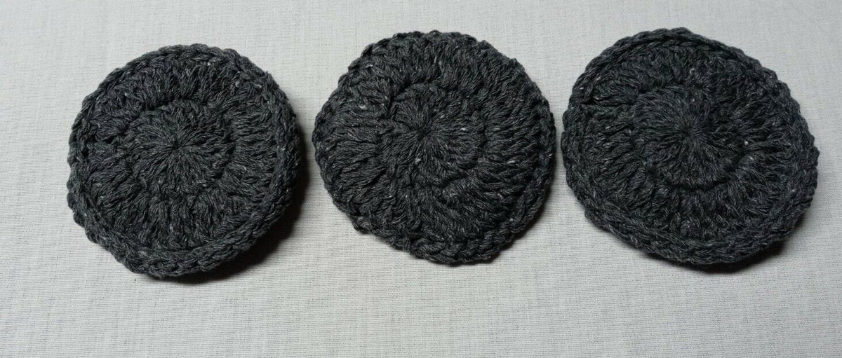 Set of 3 Handmade Crocheted Face Cleansing Pads - Dark Gray