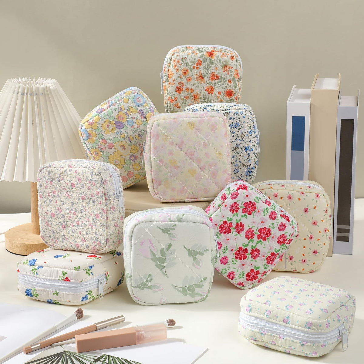 10 Pcs Floral Quilted Cotton Makeup Bags Set - Travel Cosmetic Organizer