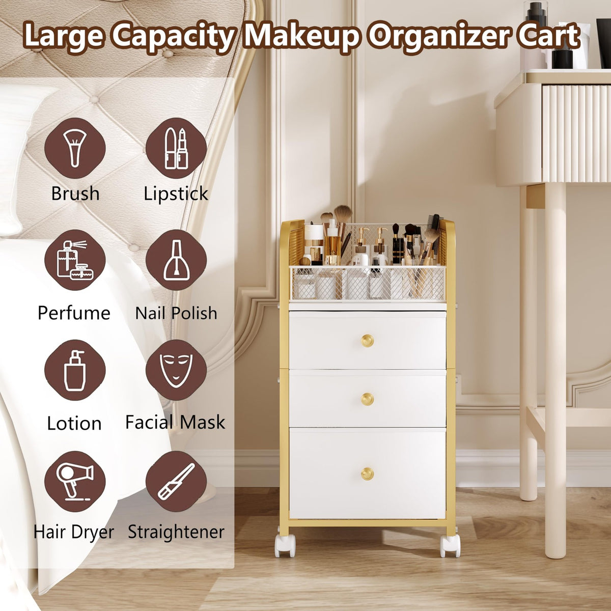 Rolling Makeup Organizer Cart with 3 Drawers – Under-Desk Gold