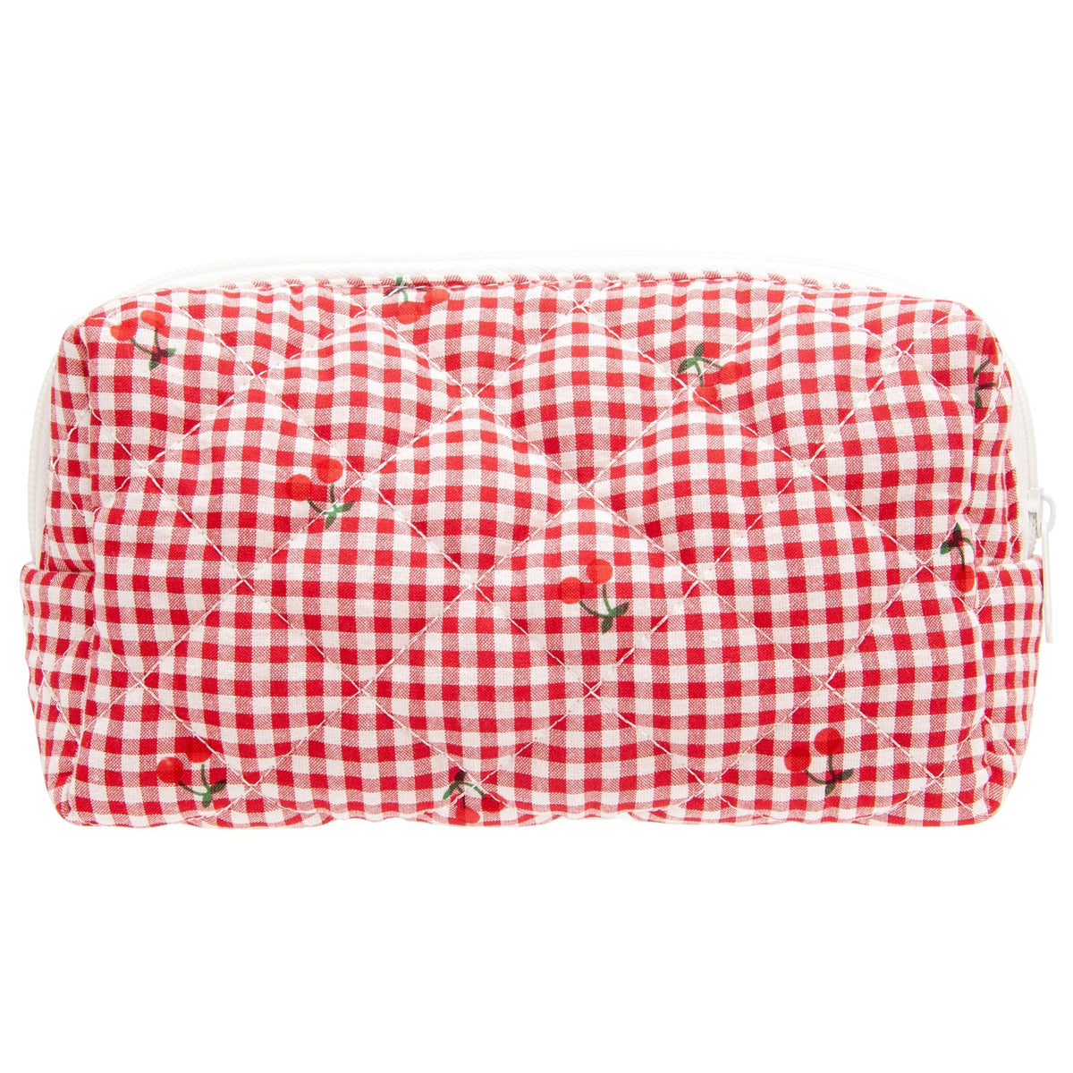 Small Quilted Makeup Bag with Zipper - Gingham Red Cherry