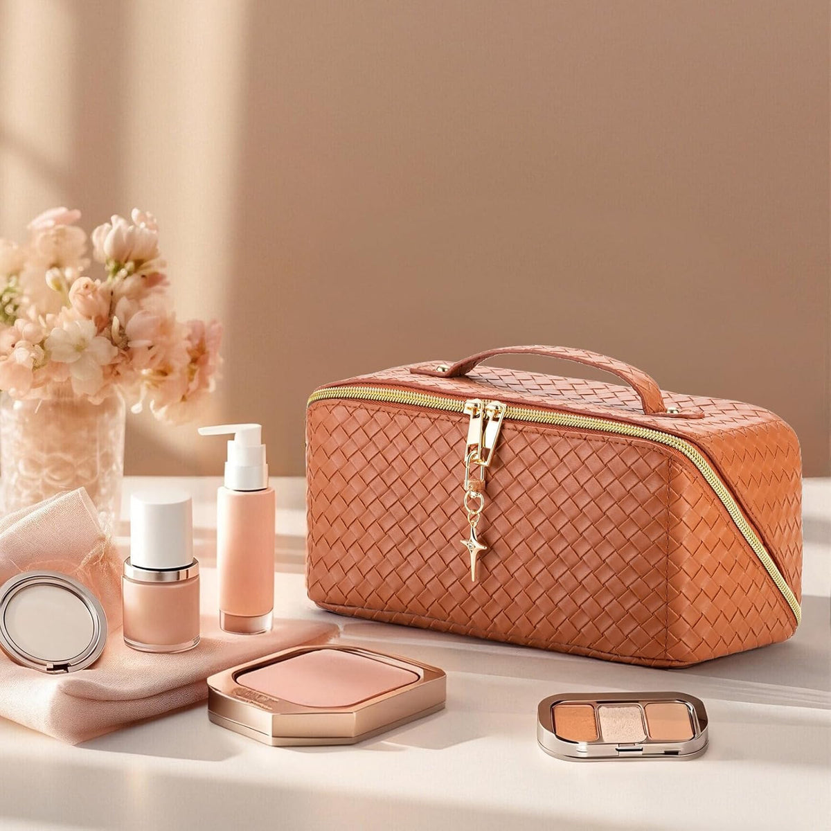 Travel Open Flat Toiletry Bag Waterproof Leather Cosmetic Organizer