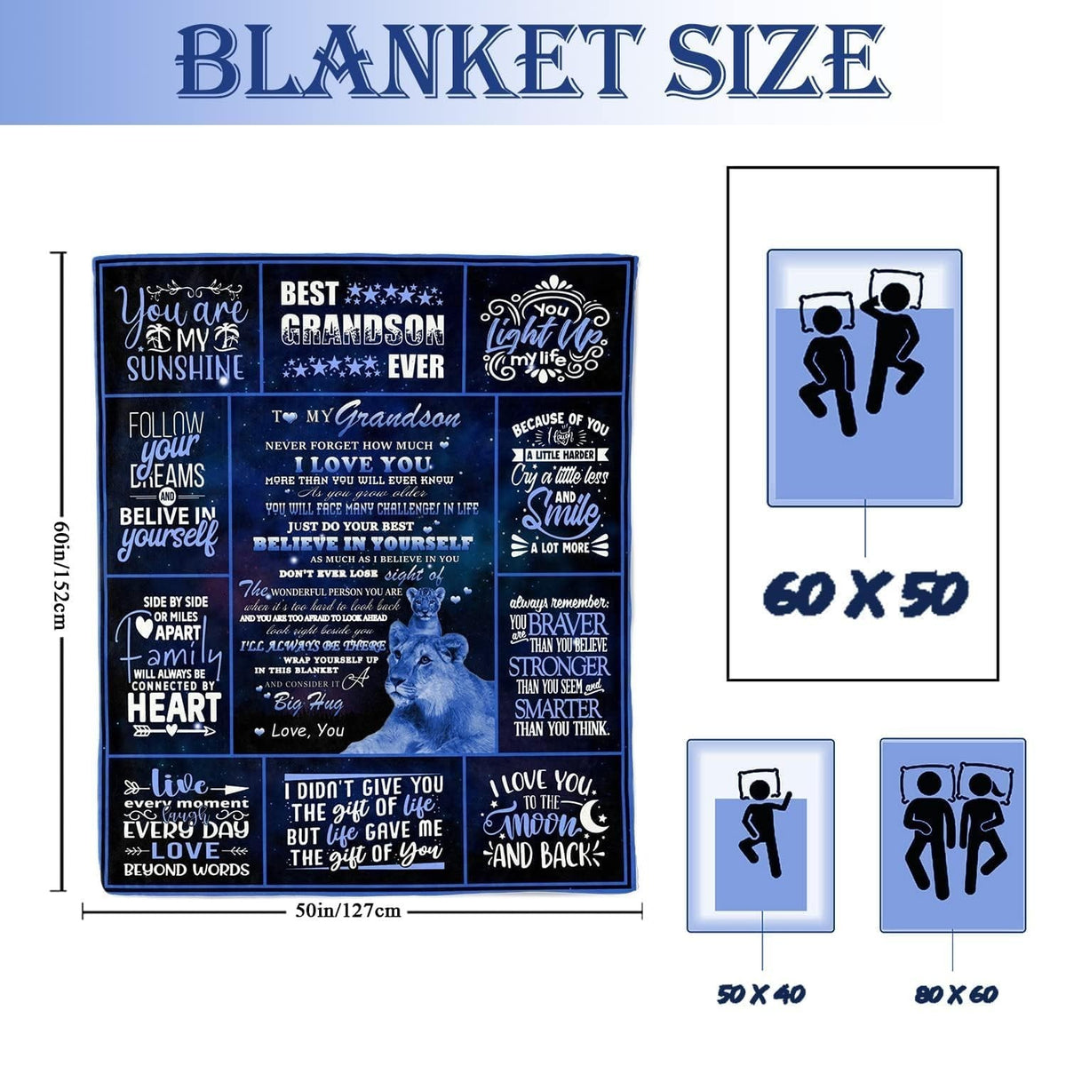 Grandson Gifts Blanket from Grandma Grandpa 50x60 Flannel Love Lion Design