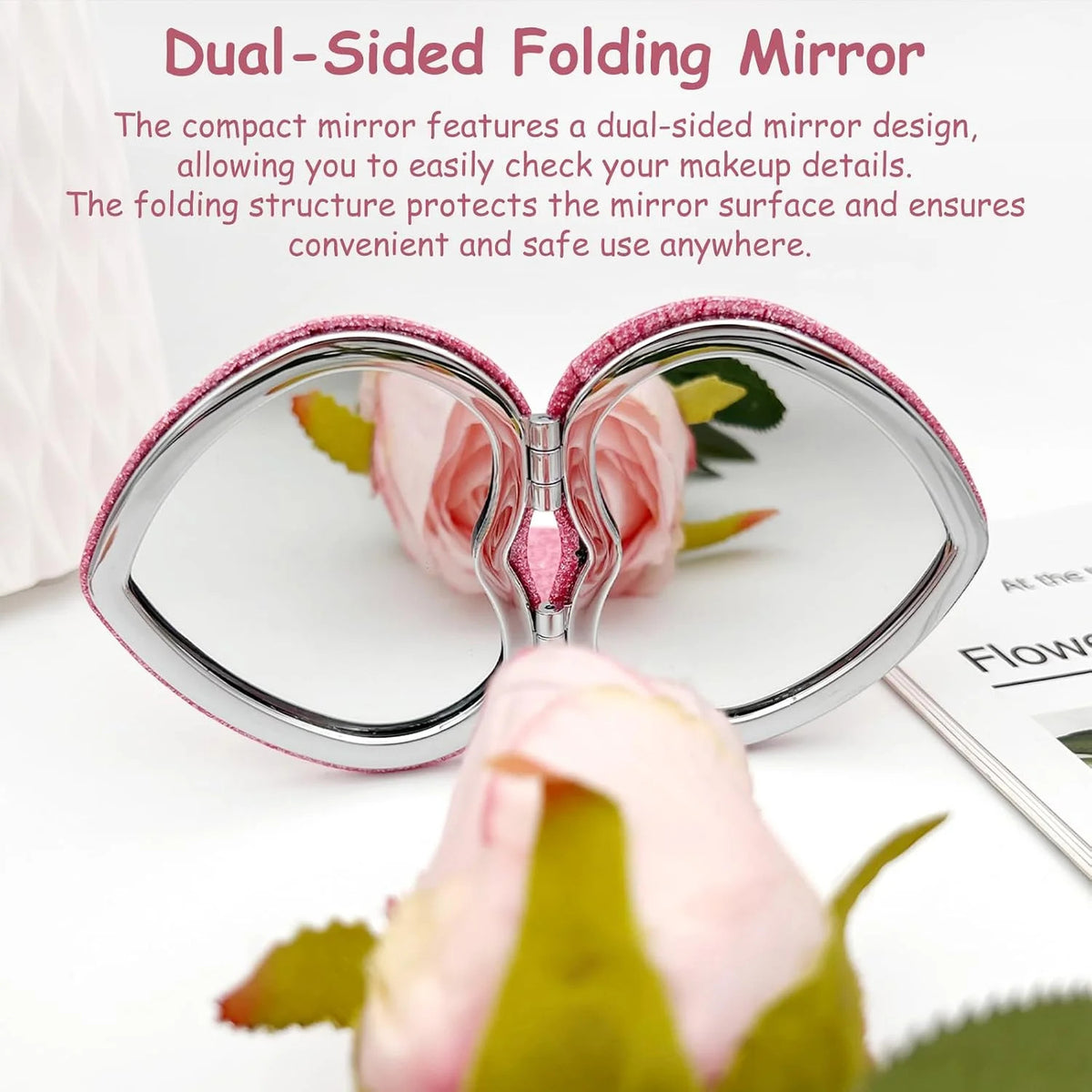 Heart Shaped Compact Mirror Set - Pink Portable Travel Makeup Mirrors