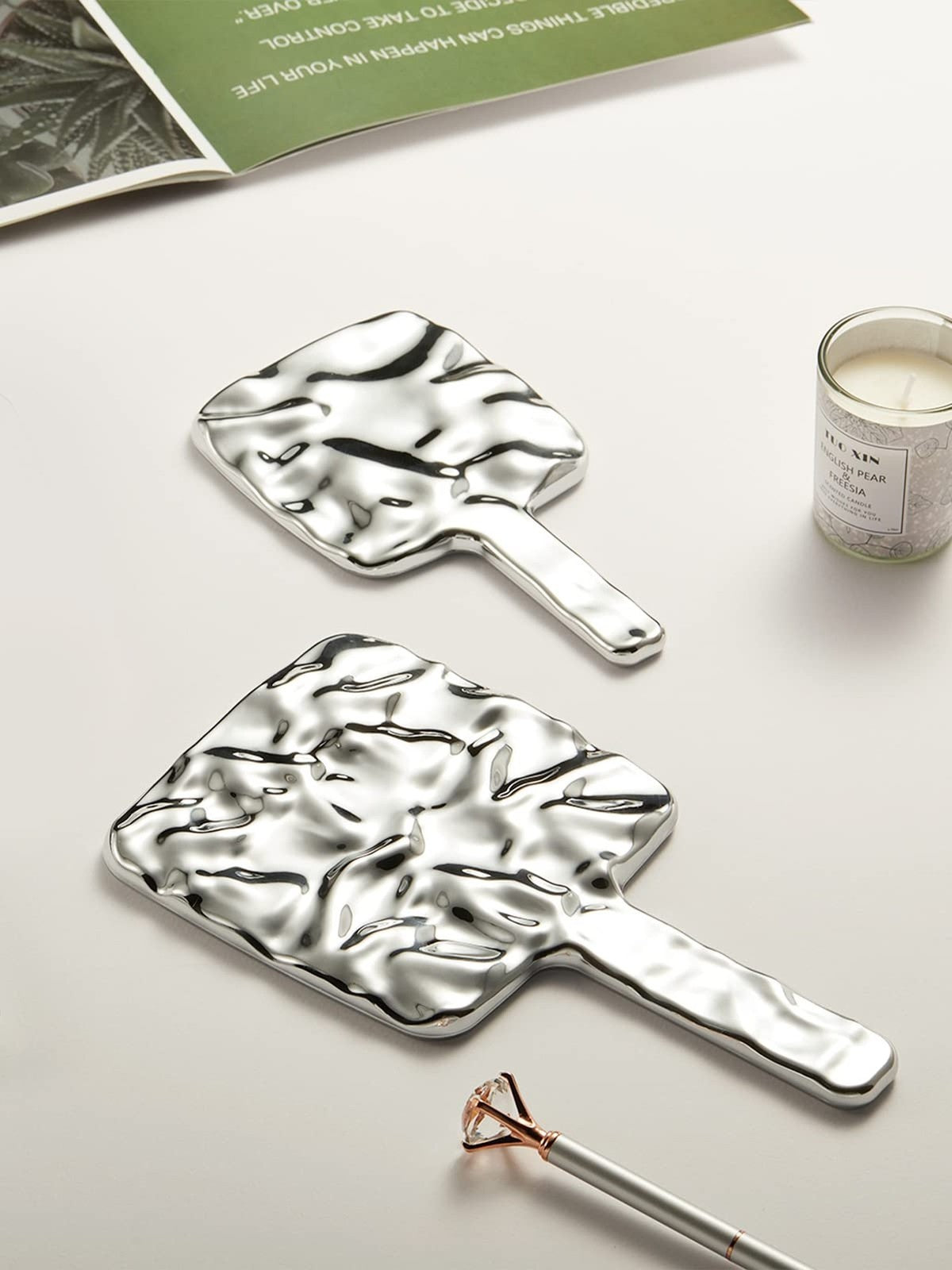 6-Inch x 11-Inch Silver Square Handheld Makeup Mirror with Handle