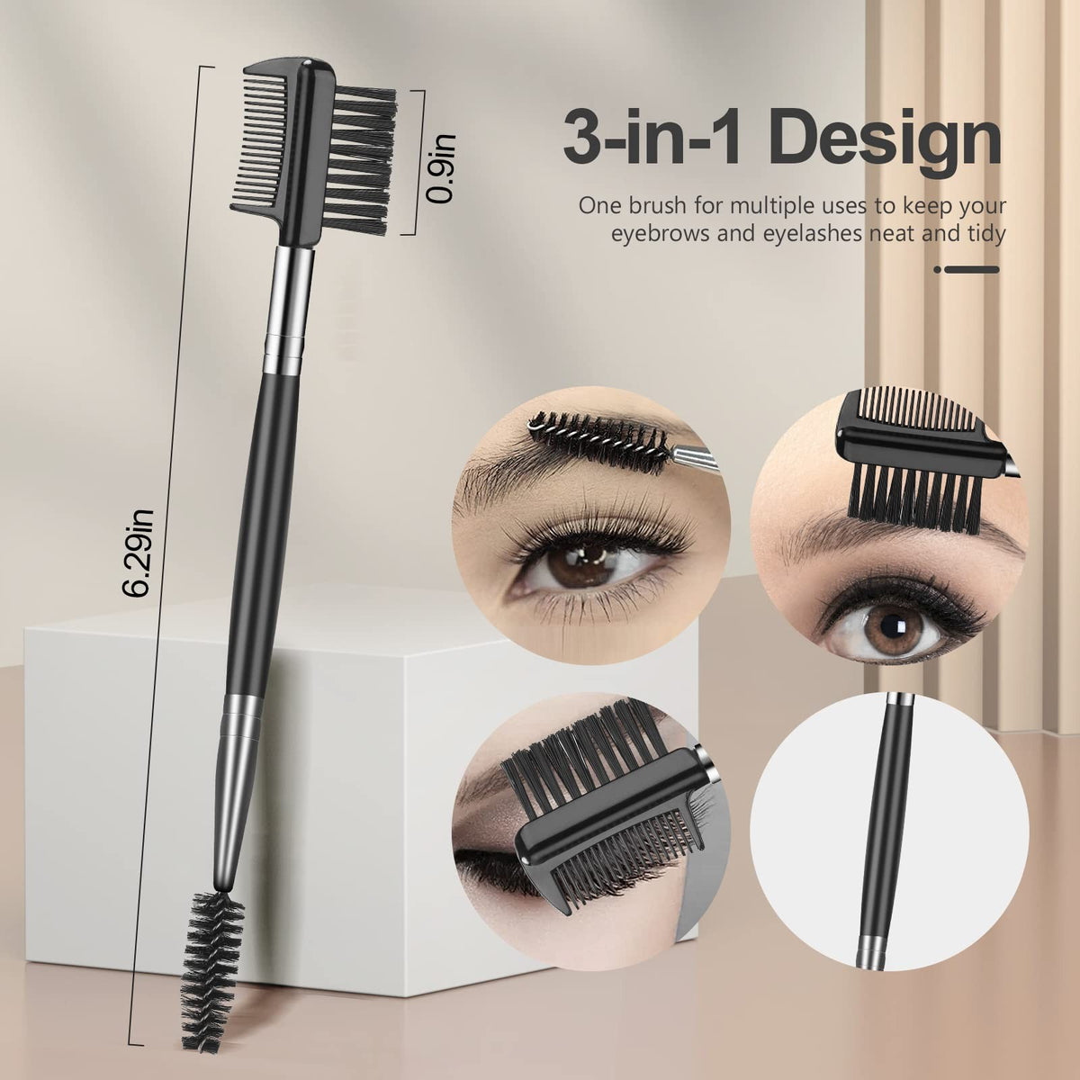 Eyebrow Brush & Eyelash Separator 3-Piece Makeup Tool Set - Black