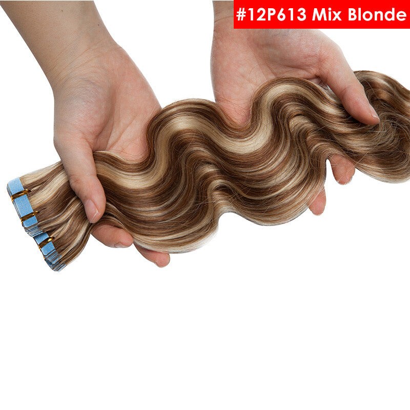 Full Head Thick Tape-In Human Hair Extensions - Remy Wavy Skin Weft