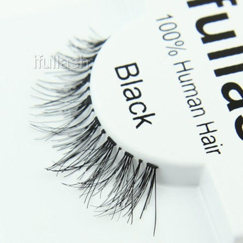 6 or 12 Pairs of Natural Look Human Hair False Eyelashes - Black