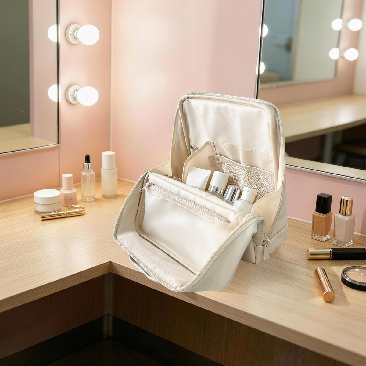 Large Stand-Up Makeup Bag with Multi-Layered Interior Pockets - Beige