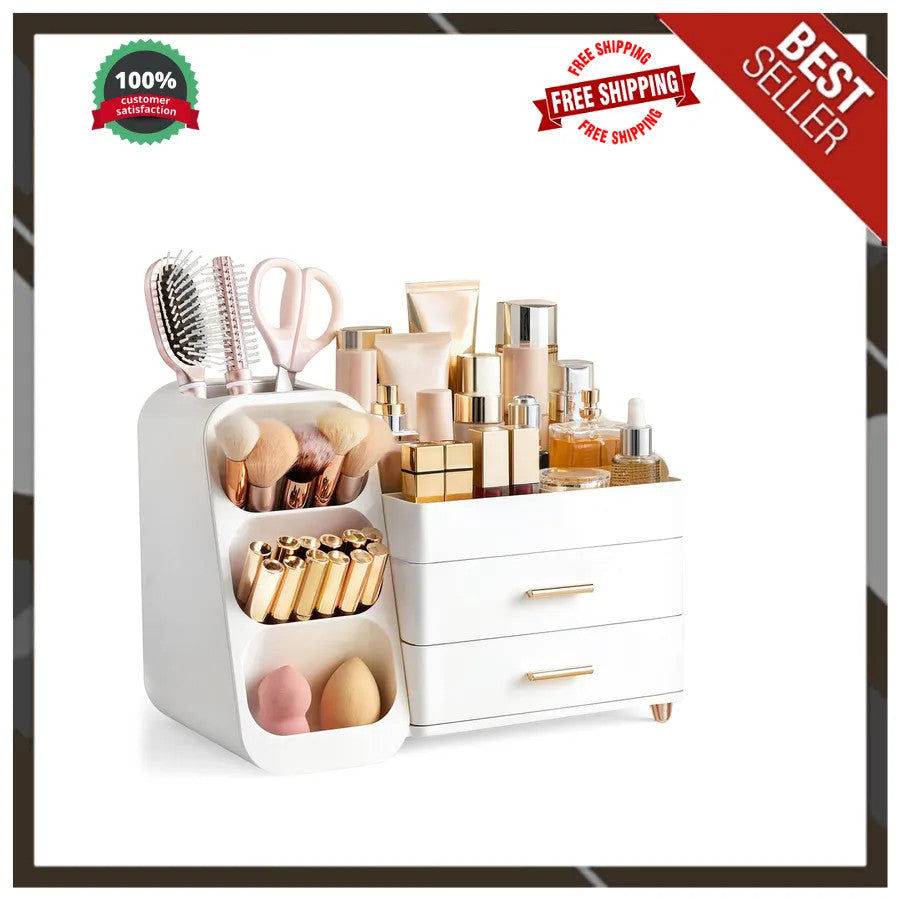 Large Plastic Makeup Organizer with Drawers and Brush Slots - White Vanity Storage