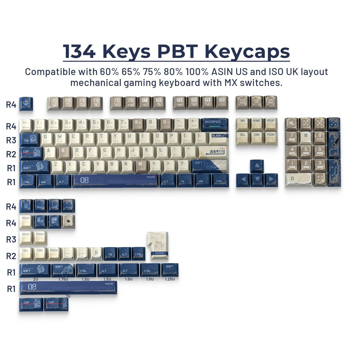 Japanese Anime Keycap Set for Mechanical Keyboard - 134 PBT Dye Sublimation Caps, Cherry Profile