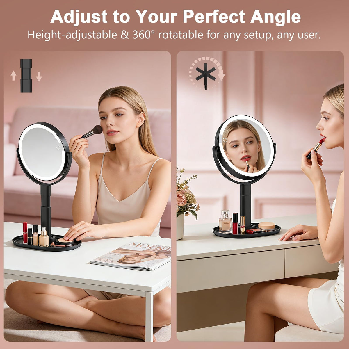 Lighted Makeup Mirror with 10X Magnification, Rechargeable LED, Adjustable Brightness