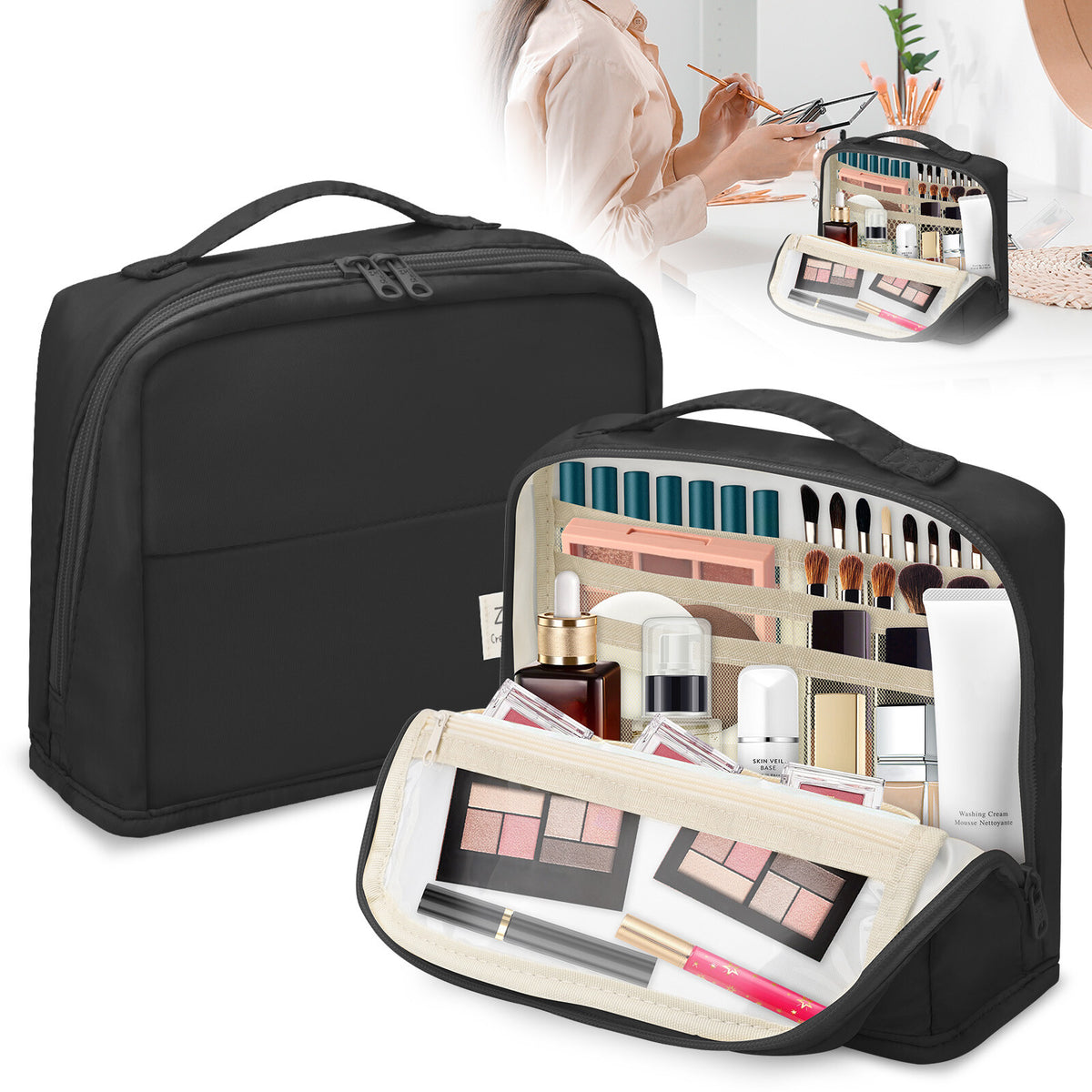 Large Capacity Multi-Compartment Storage Bag for Stationery Makeup Travel