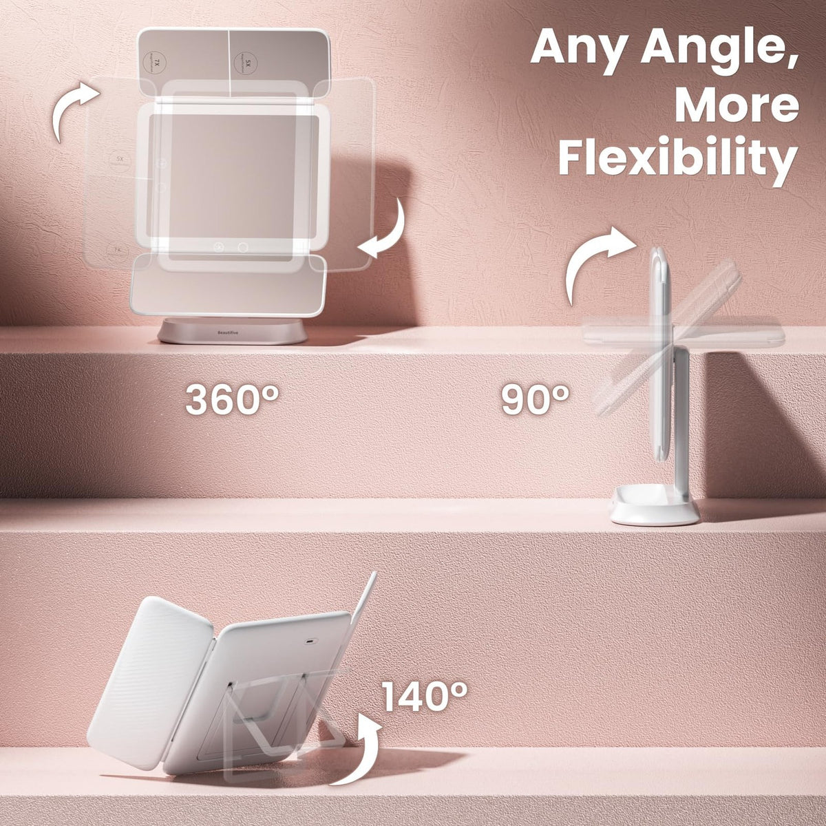 Rechargeable Lighted Makeup Mirror with 7X/5X/1X Magnification and Portable Trifold Design