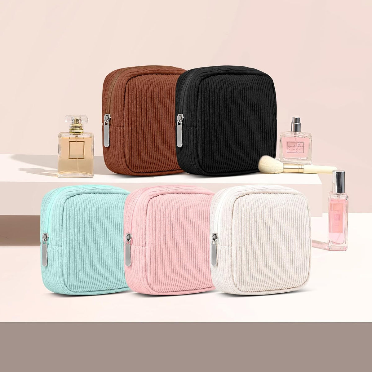 Mini Travel Makeup Bag with Metal Zipper & Inner Pocket - Corduroy Cosmetic Pouch