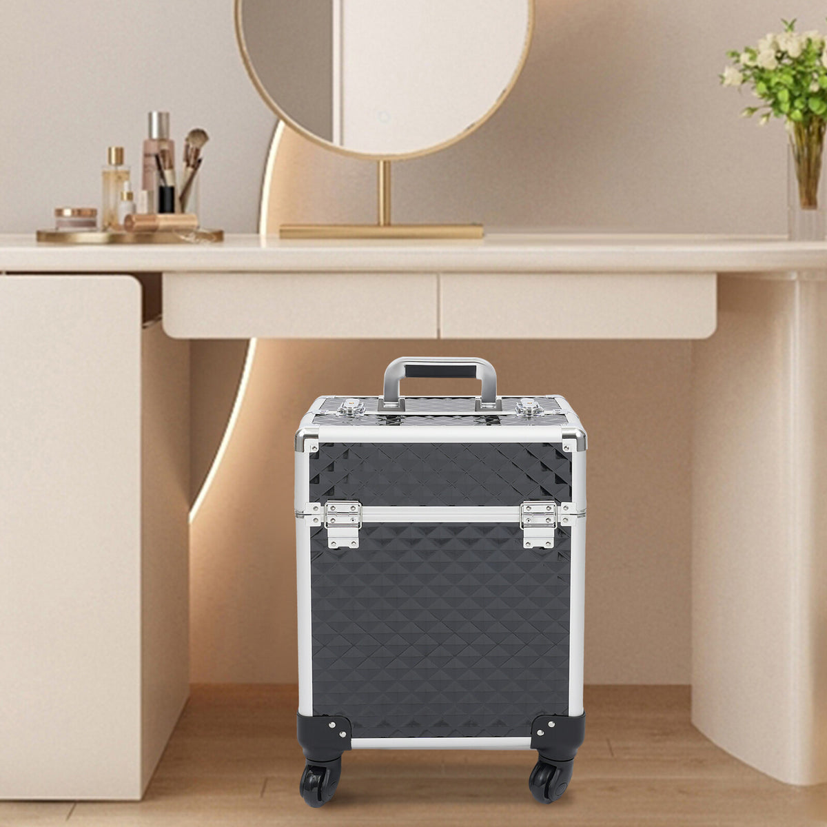 Rolling Aluminum Makeup Case with Lockable Compartments & Wheels